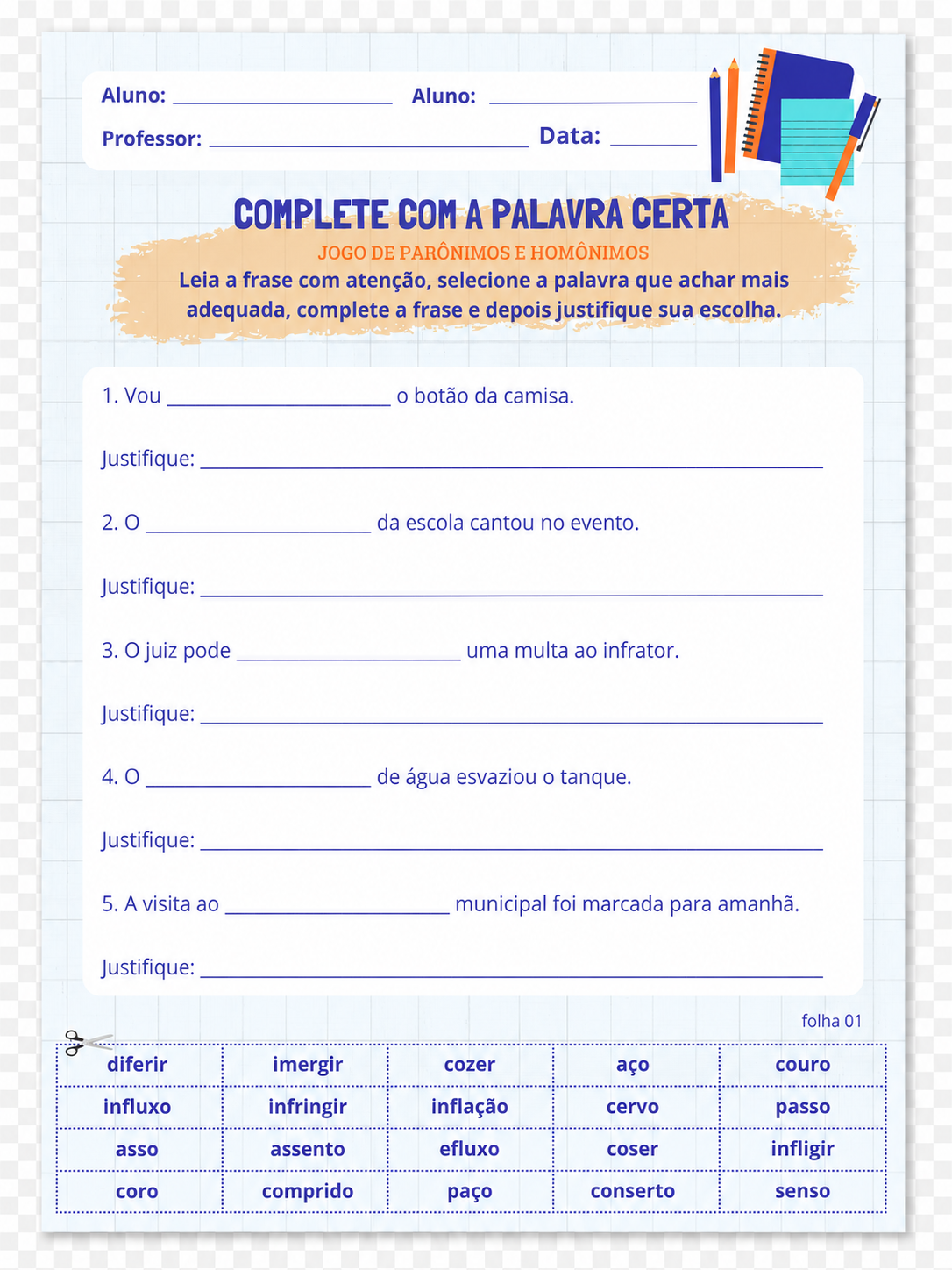 Amostra da folha de atividade do jogo Complete com a Palavra Certa
